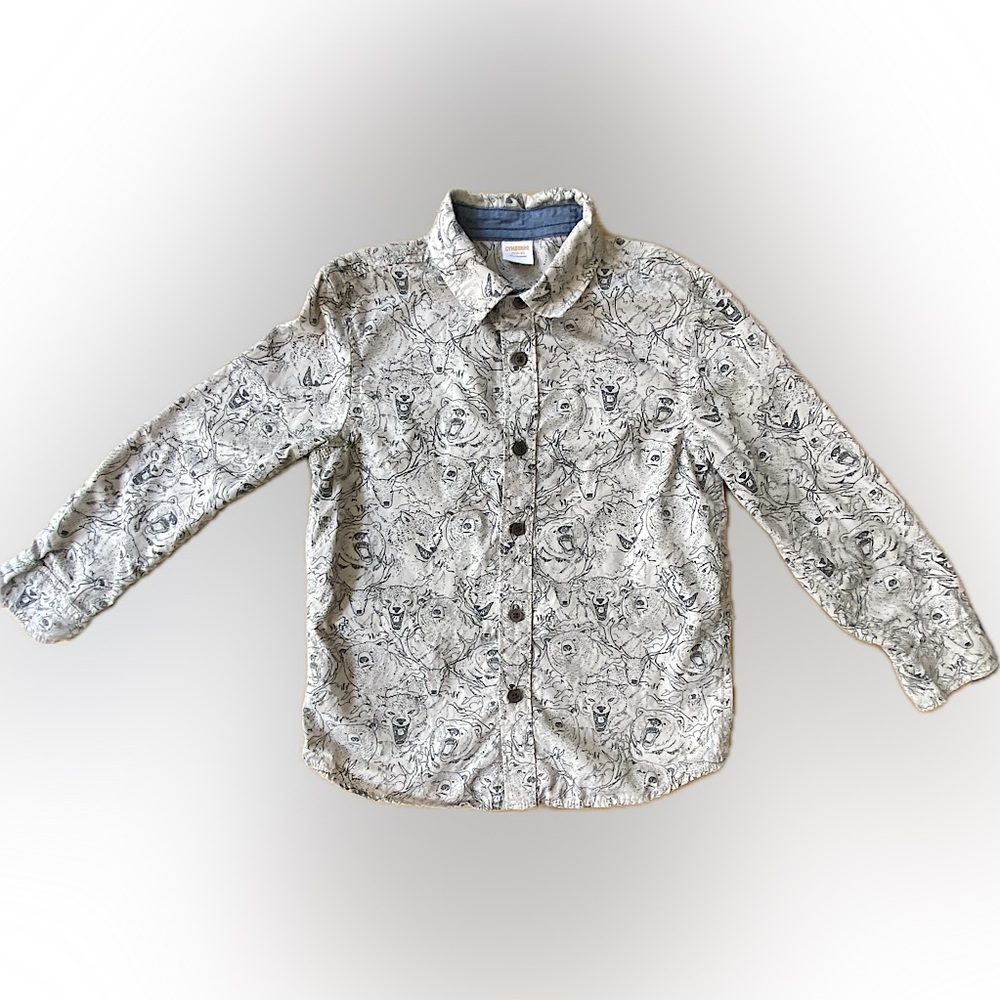Gymboree size 5-6t tan button down shirt with animal print